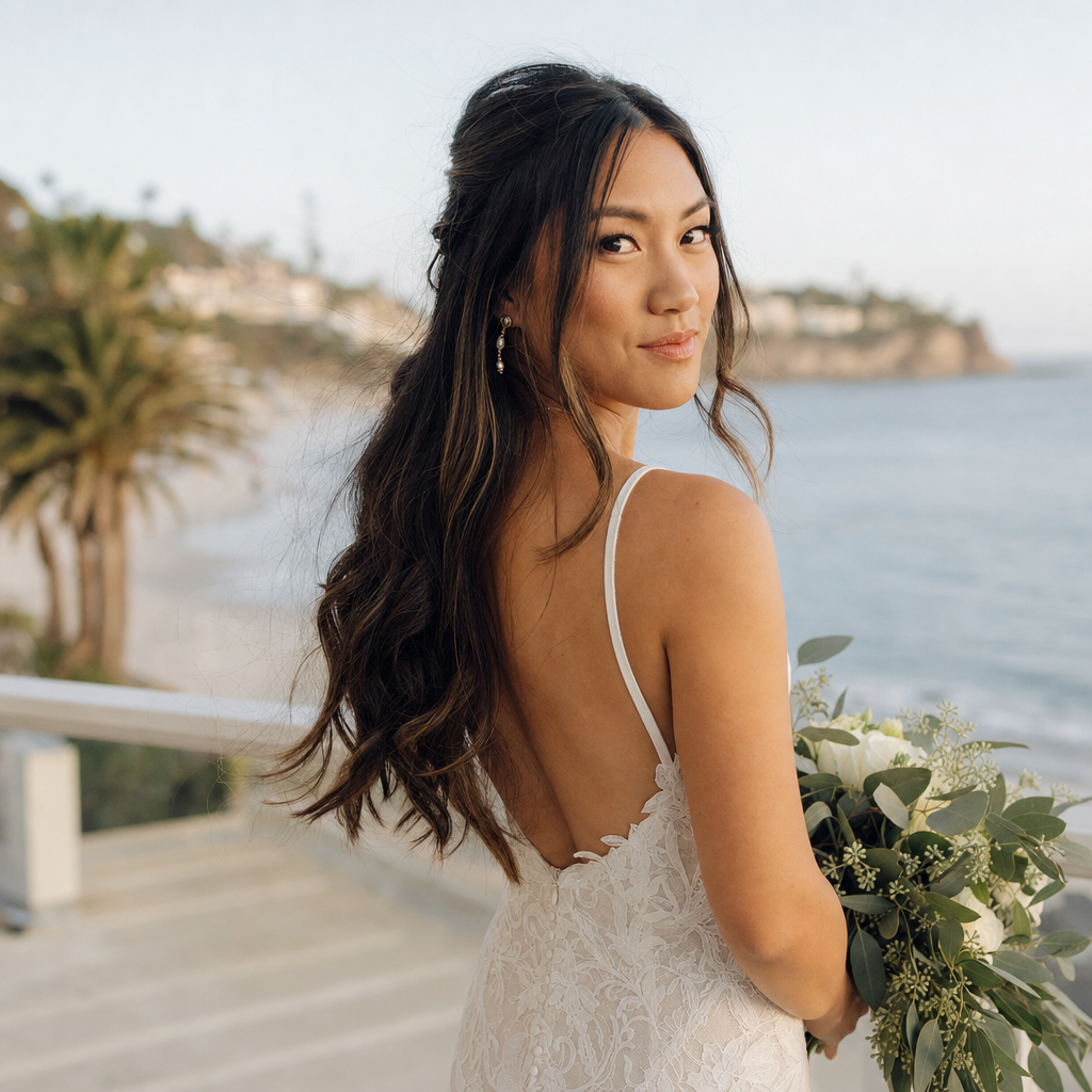 A polished coastal bridal beauty moment in warm natural light.