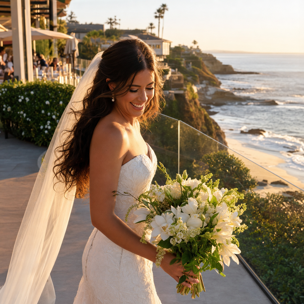 A polished coastal bridal beauty moment in warm natural light.