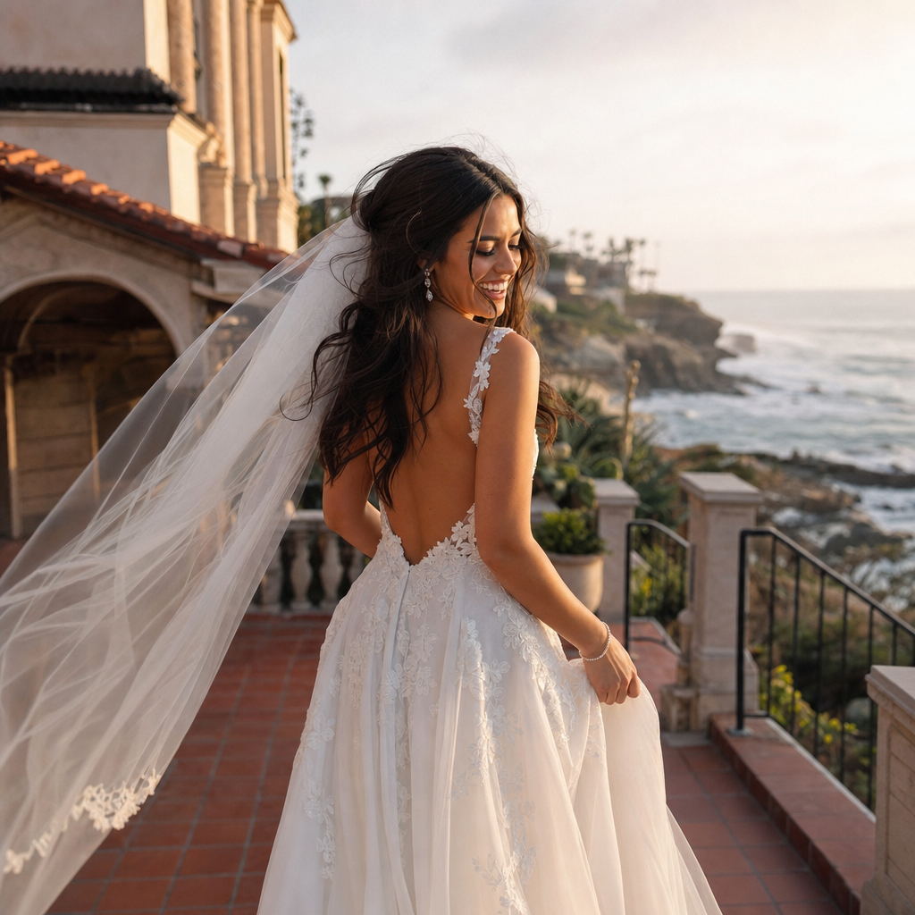 A joyful coastal bridal beauty moment on an oceanfront terrace at golden hour, styled to feel strong inside a Reel-style social frame.
